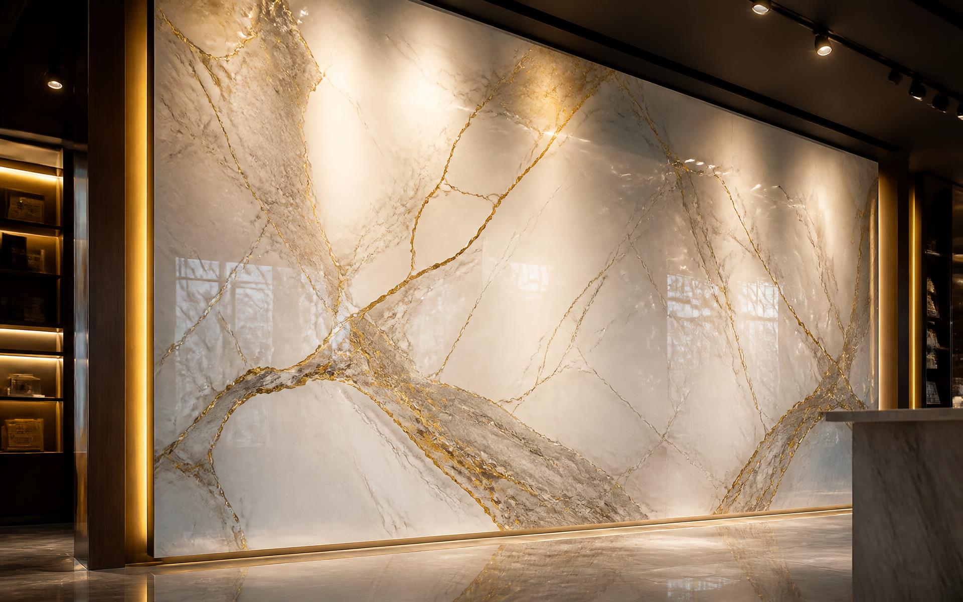 Lastra di marmo bianco illuminata nello showroom Marmo e Graniti di Masu Andrea